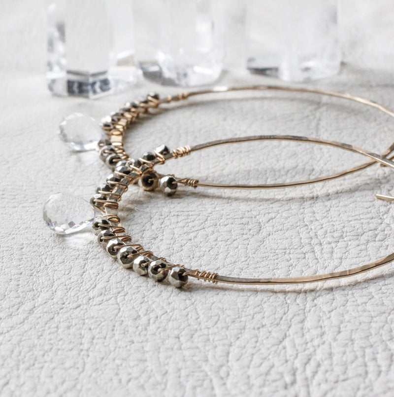 wire wrapped hoop earrings with crystal quartz and pyrite