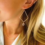 Hammered Gold Geometric Gold Fill Earrings with Crystal Quartz Hand made by Delia Langan Jewelry in Williamsburg Brooklyn