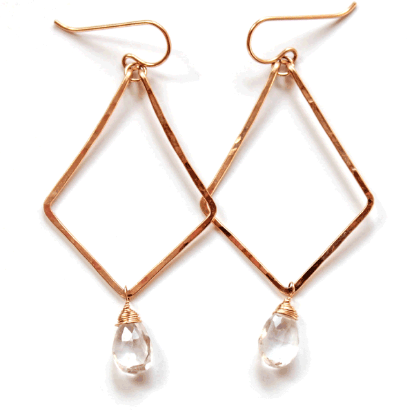 Hammered Gold Geometric Gold Fill Earrings with Crystal Quartz Gemstones Handmade by Delia Langan Jewelry