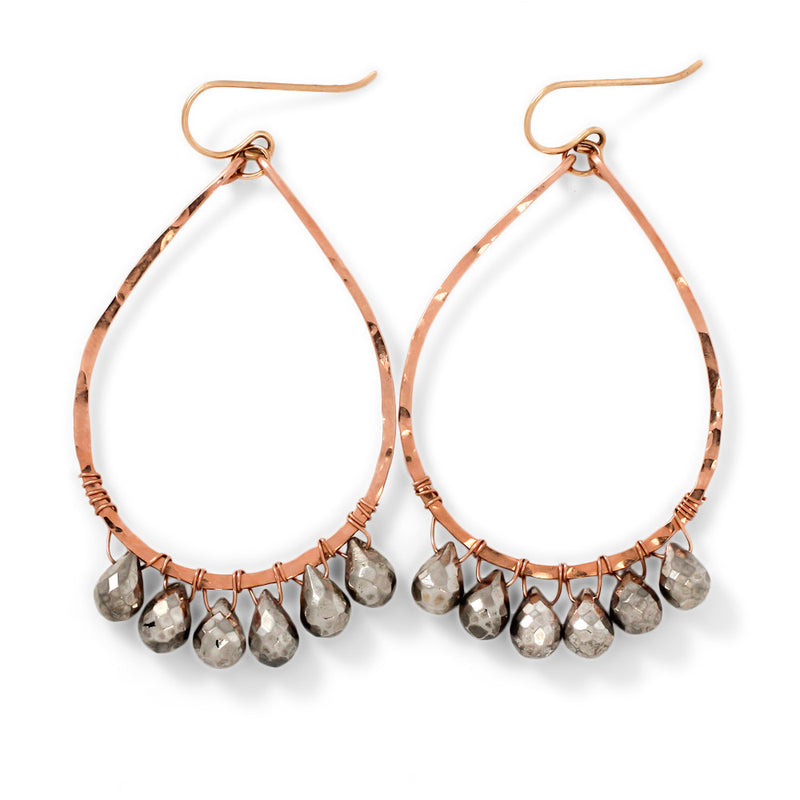 pyrite and rose gold teardrop earrings by delia langan jewelry
