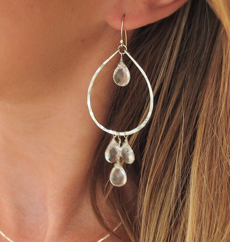 blond woman ear closeup wearing sterling silver crystal quartz dreamcatcher teardrop gemstone hoops