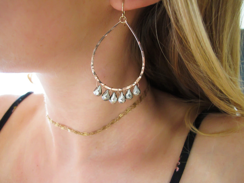 pyrite and rose gold teardrop earrings by delia langan jewelry