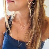 gold geometric necklace layered with labradorite necklace and gold fringe earrings