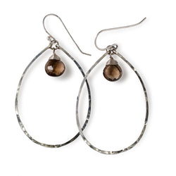 sterling silver smoky quartz silver gemstone drop hoops on a white background