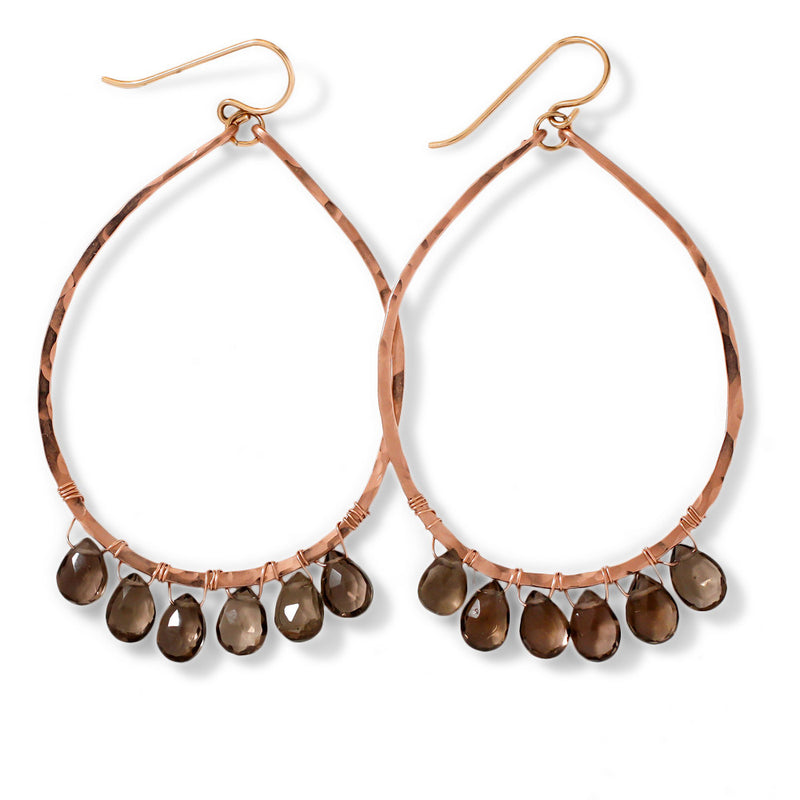smoky quartz gemstone and rose gold teardrop oval hoop earrings