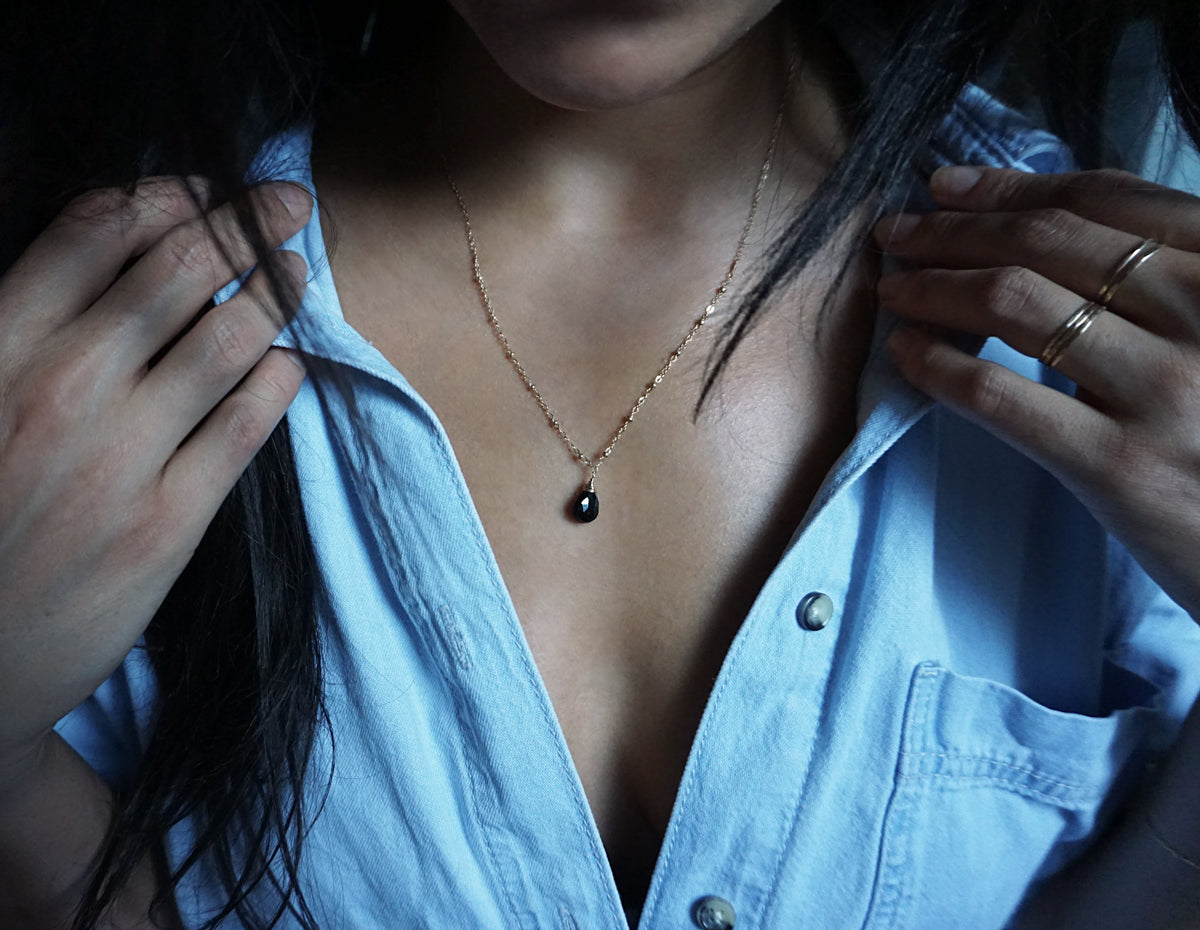 black spinel and gold pendant necklace
