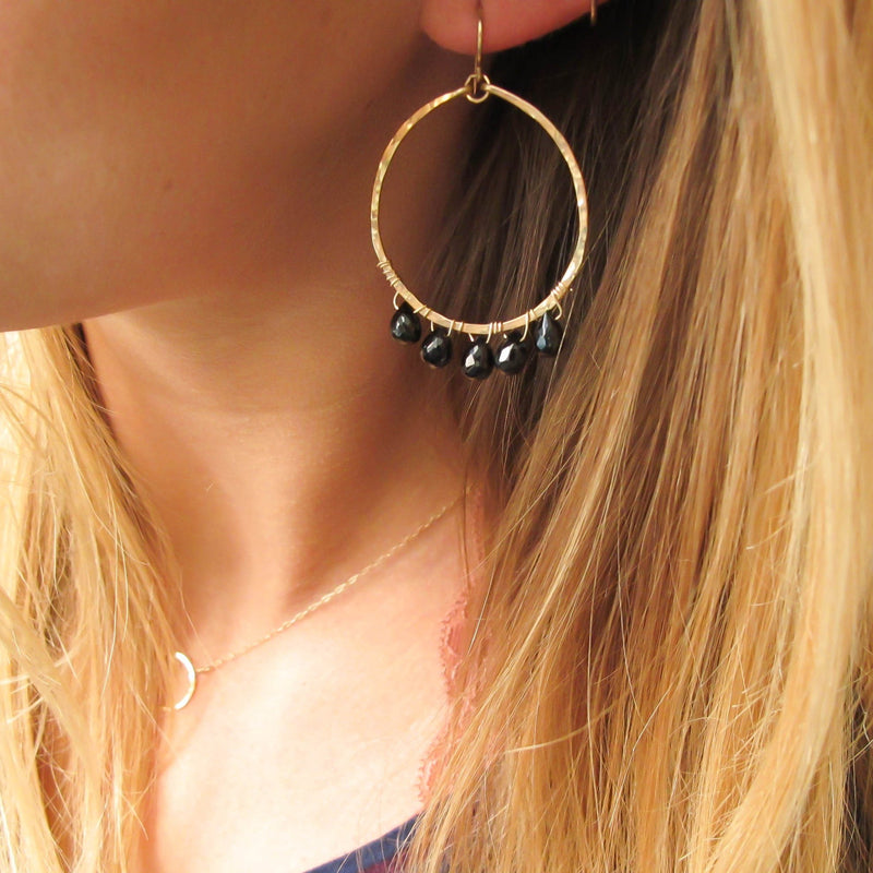 black spinel and 14k gold filled hammered hoop earrings by delia langan jewelery