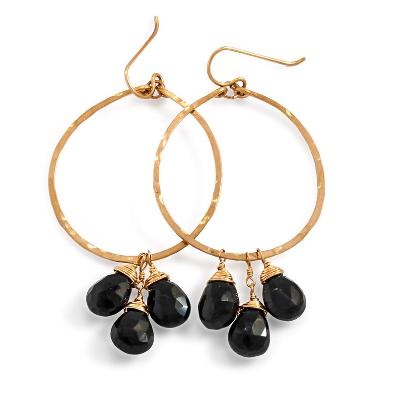 black spinel gemstone and gold hoop earrings by delia langan jewelry