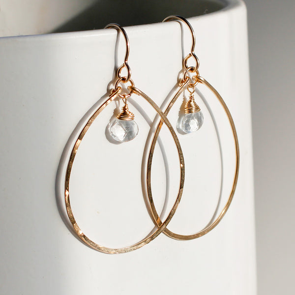 delicate white topaz and gold dangle hoop earrings