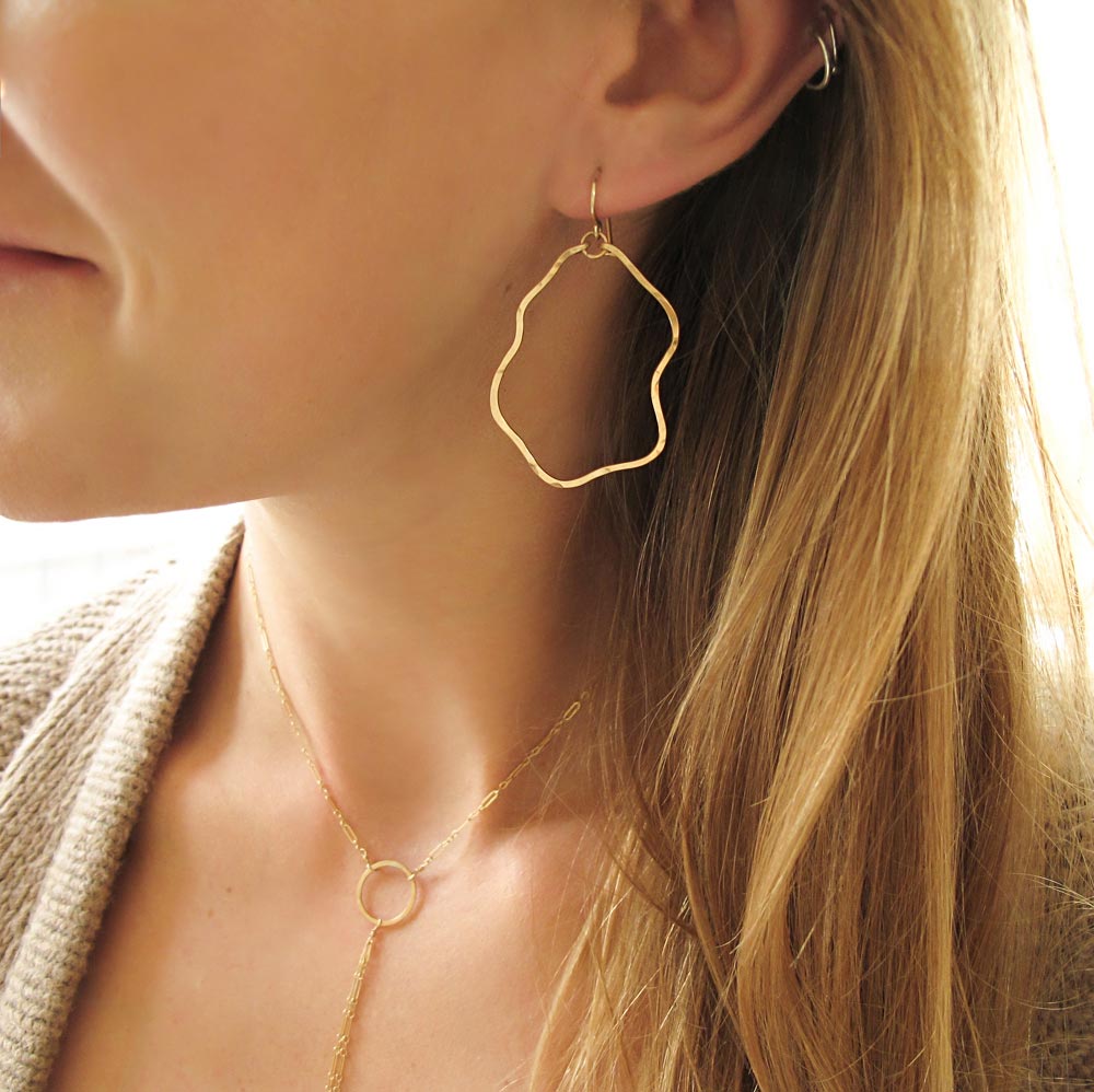 wavy thin hammered organic shaped gold hoop earrings